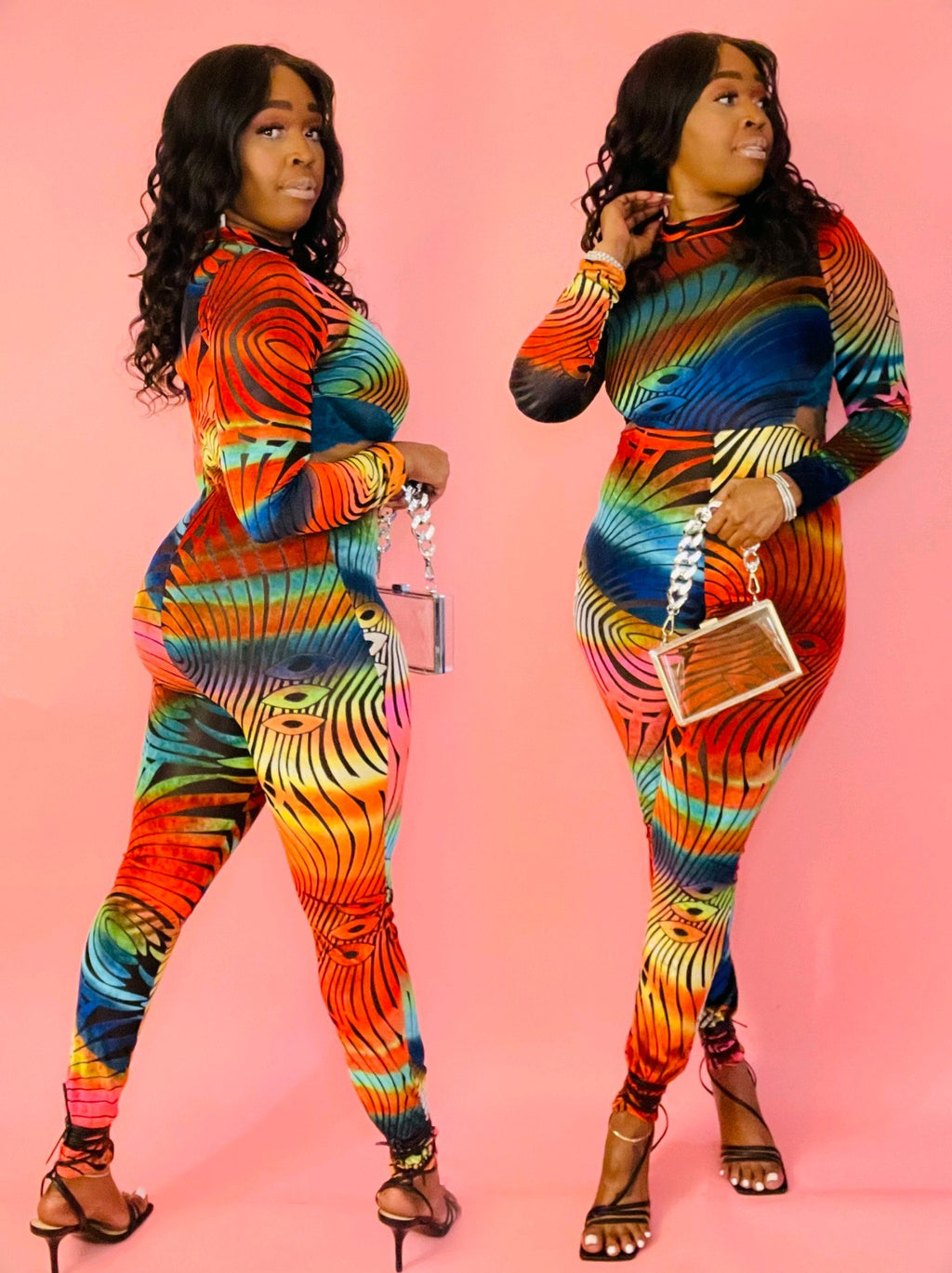Playing Favorite Multi Color Velvet Long Sleeve Velour Side Cut Out Catsuit