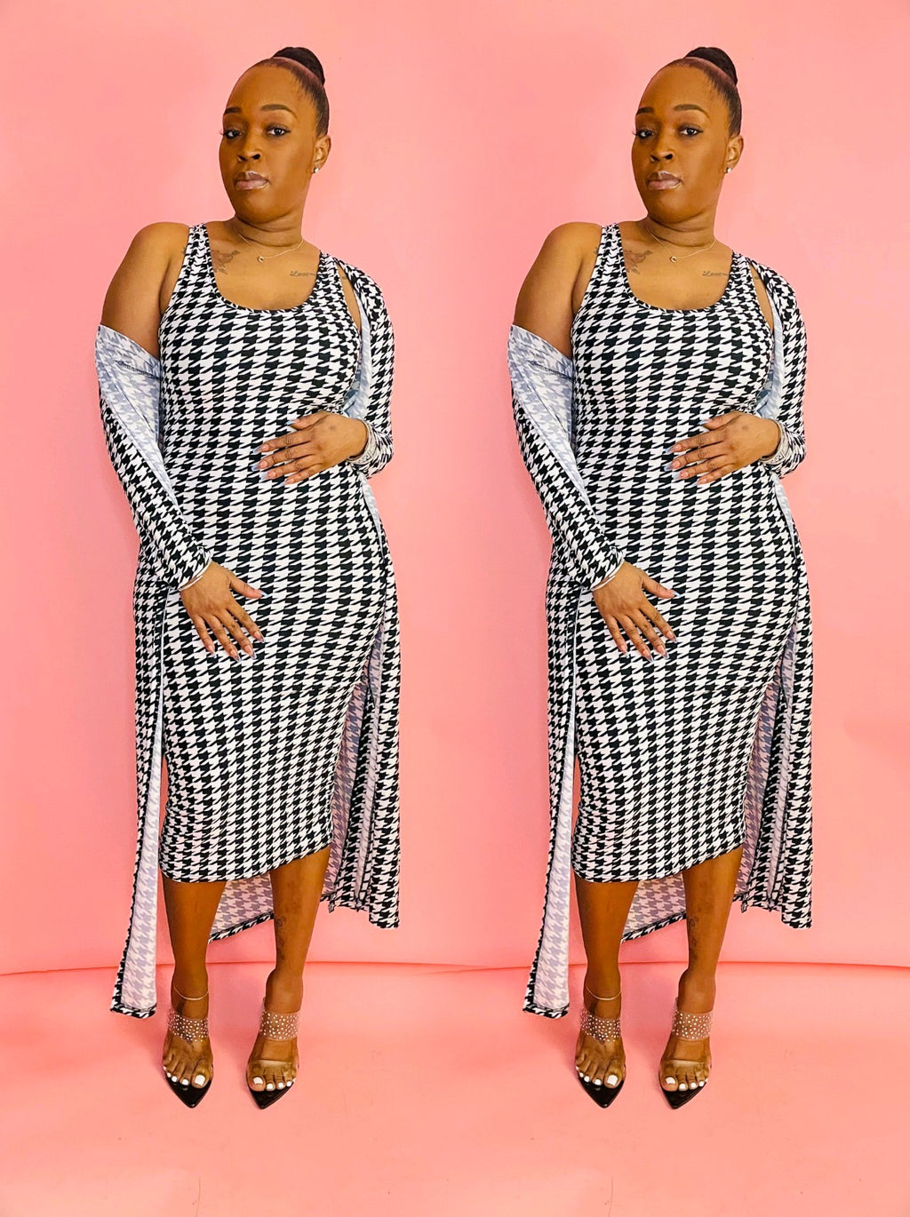 J. ELISE BOUTIQUE Step out with your girls in this lovely tank top sleeveless midi length dress with cardigan duster. Style: Houndstooth S(4-6) M(8-10) L(12-14) Content: 92%POLYESTER 8%SPANDEX  Model is 5”5 155lbs wearing a Large 