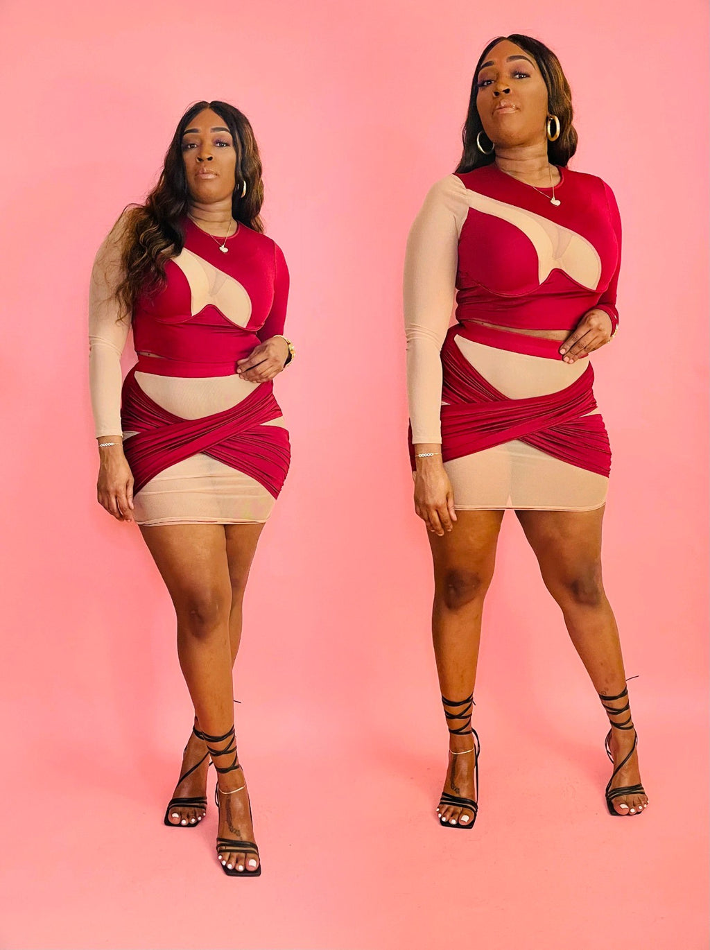 Show out in this head turner, in this WINE WIRE TWO PIECE LONG SLEEVE CROP TOP SHIRT AND SKIRT SET  Mesh details   S 4/6 M 8/10 L 12/14  MODEL IS 5”5 155lbs wearing a large  Some stretch.