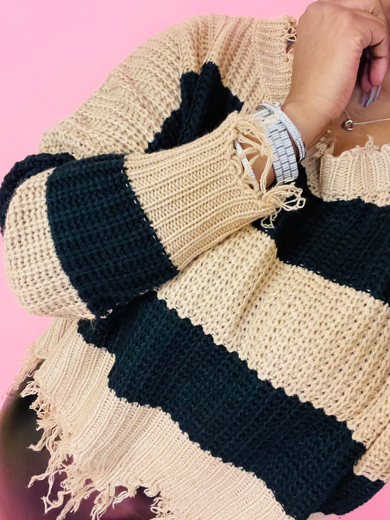 Warm Fave Color Block Fringed Sweater