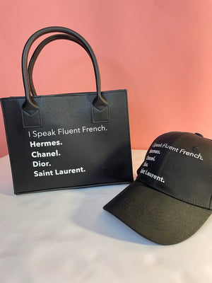 I Speak Fluent French Designers Black Mini Vegan Leather Tote