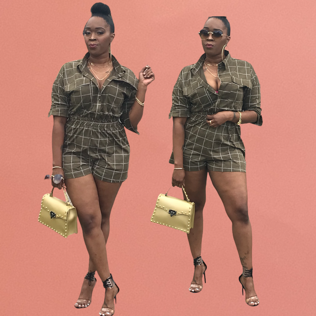 J. ELISE BOUTIQUE Olive checkered romper, button up  Olive windowpane print collared long sleeve romper.  Fabric Content: 100% POLYESTER Size Scale: S(4-6-M(8-10)-L(12-14) Description: L: 32" B: 38" W: 24" I.S.: 2"