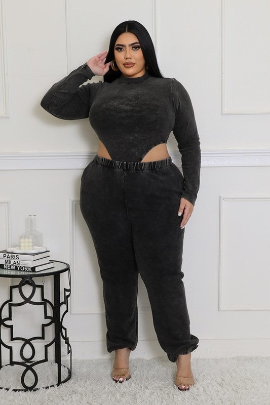 Luxe Off-Duty Siren Set Plus Size Black Long Sleeve Cut Out Bodysuit And Pants