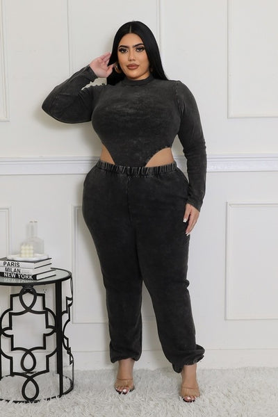 Luxe Off-Duty Siren Set Plus Size Black Long Sleeve Cut Out Bodysuit And Pants