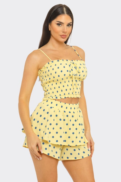 Sunlit Romance Yellow/Blue Polka Dot Ruffle Short Set