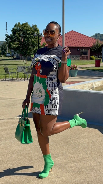 Diva Doll Green Crew Neck Short Sleeved Grapic Print Casual T-Shirt Oversized Mini Dress