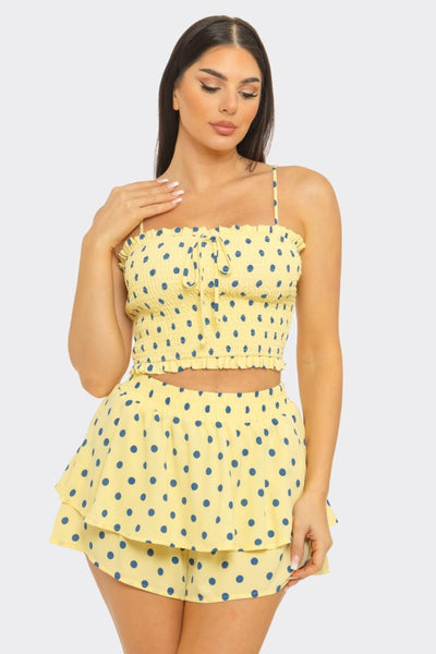 Sunlit Romance Yellow/Blue Polka Dot Ruffle Short Set