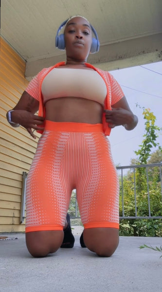 Tangible Evidence Orange 2- Piece Short Sleeve Top Zipper Jacket & High Waisted Biker Shorts Activewear