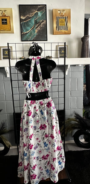 Petals in Paradise Floral Halter Sweetheart Neckline Crop Top Skirt Set