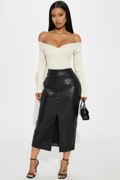 Soft Power Faux Leather Midi Skirt
