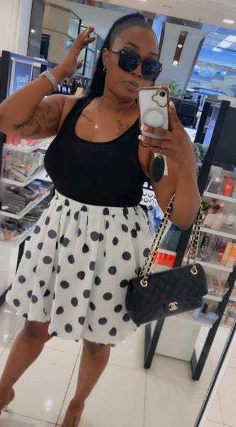 Monroe | Women’s Bubble Hem White & Black Polka Dot Mini Dress