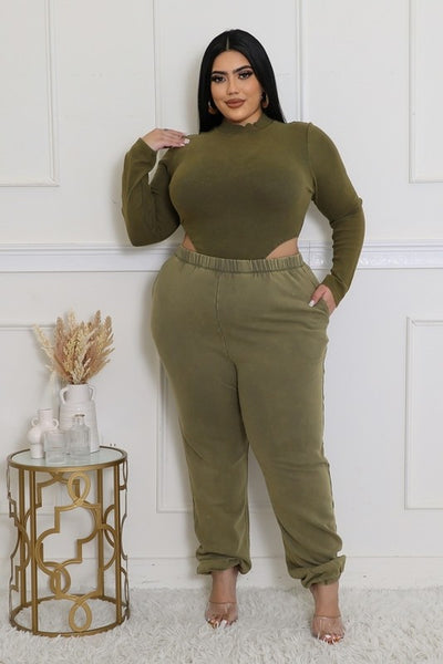 Luxe Off-Duty Siren Set Plus Size Black Long Sleeve Cut Out Bodysuit And Pants