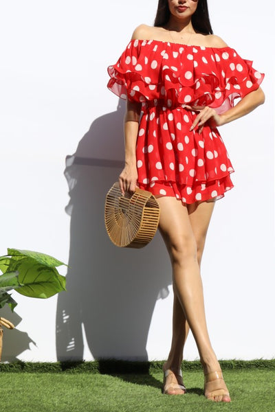 Monroe Red/White Polka Dot Off-Shoulder Romper