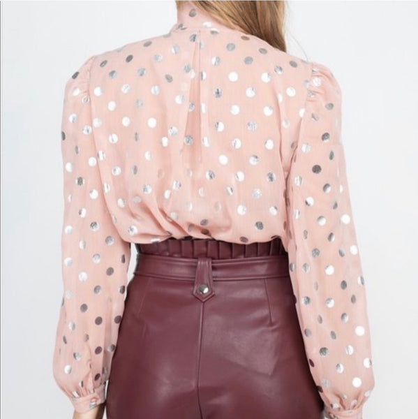 Monroe Metallic Dot Ruffle Blouse – Blush Pink