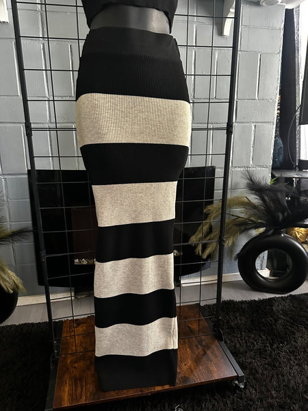 Power Play Black & Oatmeal Knit Vertical Stripe Halter Cropped Top High Waist Midi Skirt Set