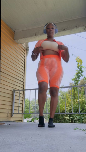 Tangible Evidence Orange 2- Piece Short Sleeve Top Zipper Jacket & High Waisted Biker Shorts Activewear