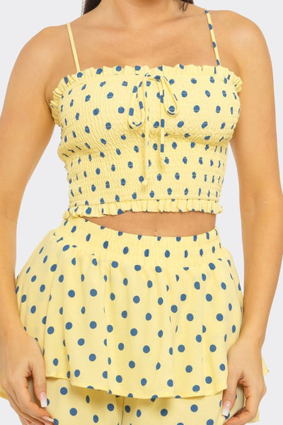 Sunlit Romance Yellow/Blue Polka Dot Ruffle Short Set