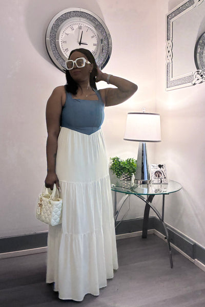 Effortless Muse | Women’s Denim Colorblock Maxi Dress