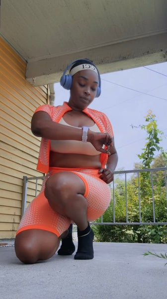 Tangible Evidence Orange 2- Piece Short Sleeve Top Zipper Jacket & High Waisted Biker Shorts Activewear