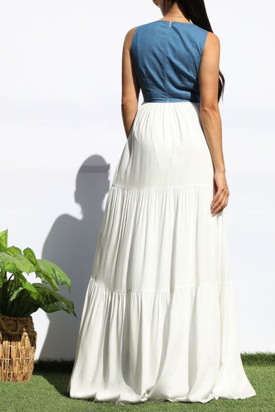 Effortless Muse Denim Colorblock Maxi Dress