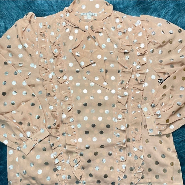 Monroe Metallic Dot Ruffle Blouse – Blush Pink
