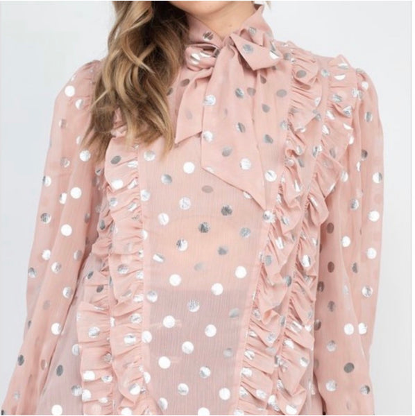 Monroe Metallic Dot Ruffle Blouse – Blush Pink