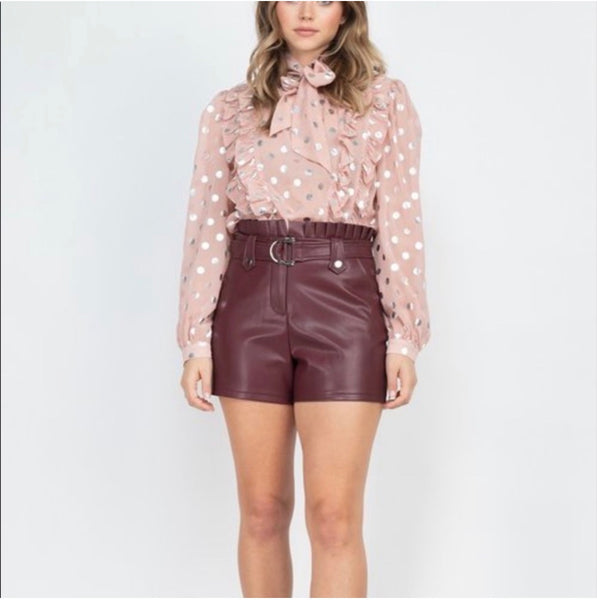 Monroe Metallic Dot Ruffle Blouse – Blush Pink