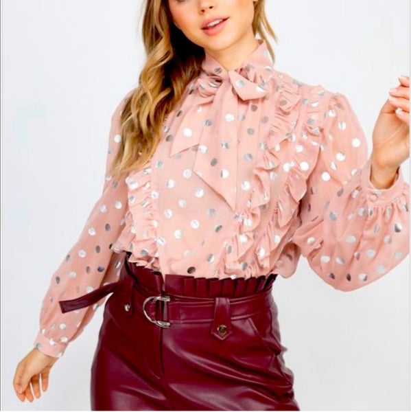 Monroe Metallic Dot Ruffle Blouse – Blush Pink