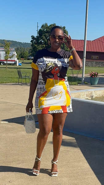 Diva Doll Yellow Crew Neck Short Sleeve Graphic Printed Casual T-Shirt Oversized Mini Dress