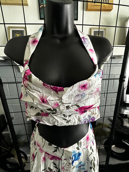 Petals in Paradise Floral Halter Sweetheart Neckline Crop Top Skirt Set