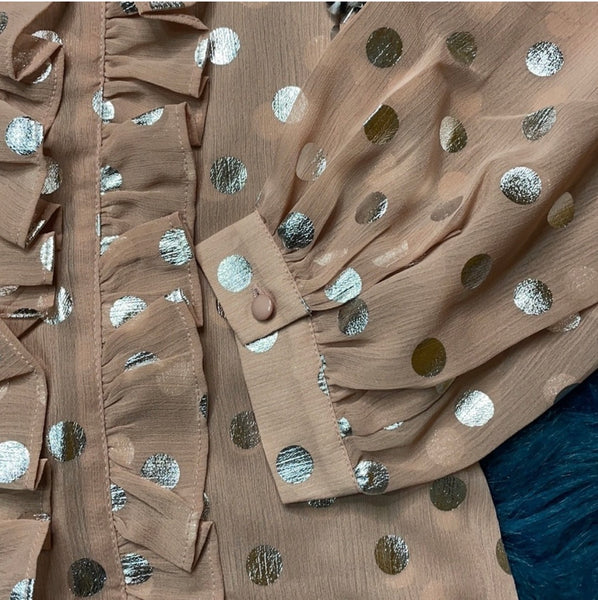 Monroe Metallic Dot Ruffle Blouse – Blush Pink