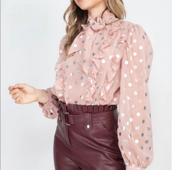Monroe Metallic Dot Ruffle Blouse – Blush Pink