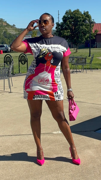 Diva Doll Pink Crew Neck Short Sleeve Graphic Casual T-Shirt Print Oversized Mini Dress