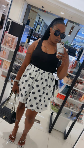 Monroe | Women’s Bubble Hem White & Black Polka Dot Mini Dress