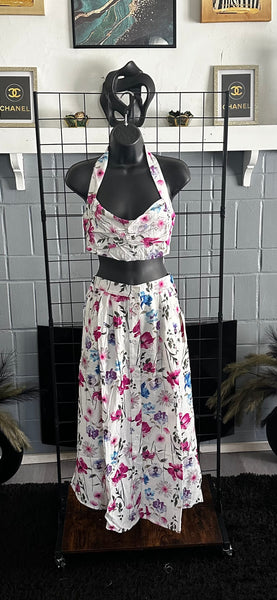 Petals in Paradise Floral Halter Sweetheart Neckline Crop Top Skirt Set