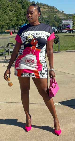 Diva Doll Pink Crew Neck Short Sleeve Graphic Casual T-Shirt Print Oversized Mini Dress