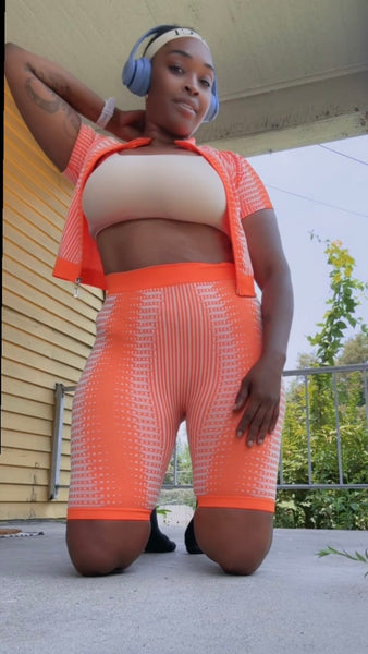 Tangible Evidence Orange 2- Piece Short Sleeve Top Zipper Jacket & High Waisted Biker Shorts Activewear