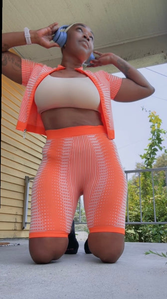 Tangible Evidence Orange 2- Piece Short Sleeve Top Zipper Jacket & High Waisted Biker Shorts Activewear