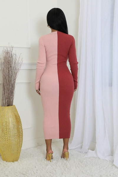 Soft Power Colorblock Long Sleeve Button Detail Knit Mid-Calf Dress