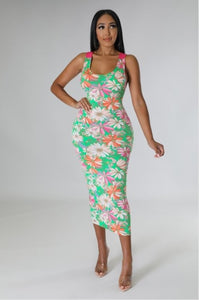 Green Floral Cutie Tank Top Open Back Self Tie Midi Maxi Dress