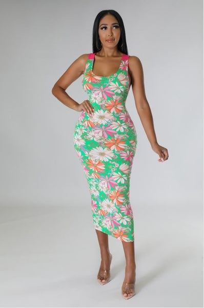 Green Floral Cutie Tank Top Open Back Self Tie Midi Maxi Dress