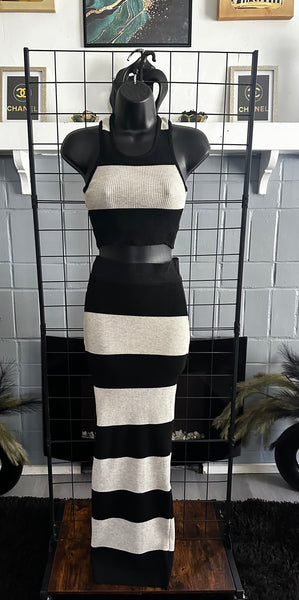 Power Play Black & Oatmeal Knit Vertical Stripe Halter Cropped Top High Waist Midi Skirt Set
