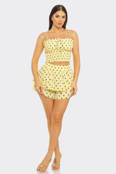 Sunlit Romance Yellow/Blue Polka Dot Ruffle Short Set