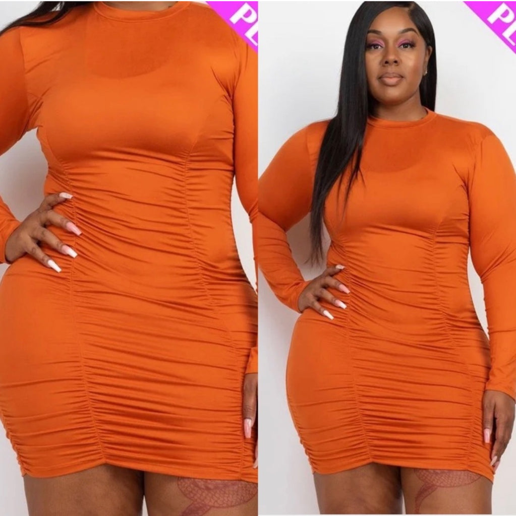 Ready and Ruched Mango Orange Long Sleeve Fitted Midi Dress J Elise Boutique Ready and Ruched Mango Orange Long Sleeve Fitted Midi Dress J Elise Boutique