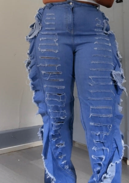 Iconic Baddie Blue Medium Wash Distressed Side Wing Detail Denim Joggers