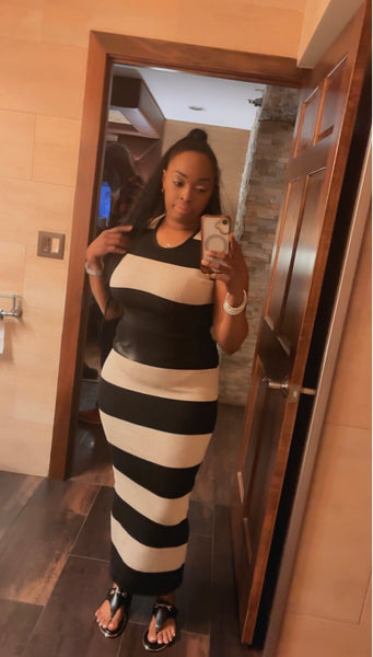 Power Play Black & Oatmeal Knit Vertical Stripe Halter Cropped Top High Waist Midi Skirt Set