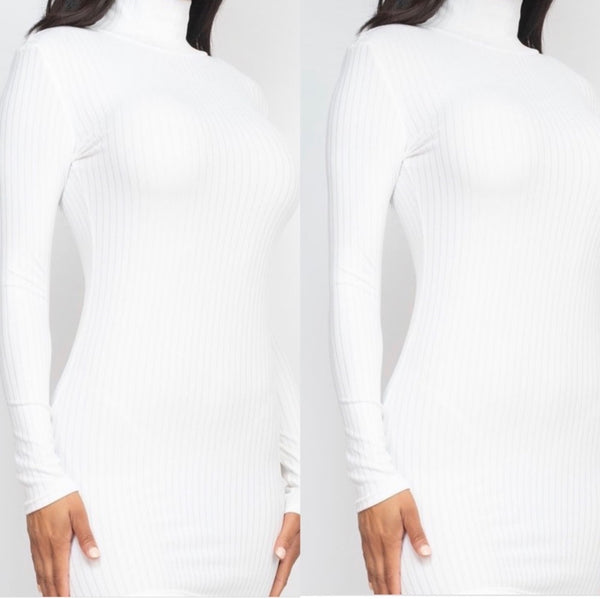 Crystal Curve Snow White Mock Neck Long Sleeve Ribbed Knit Mini Dress