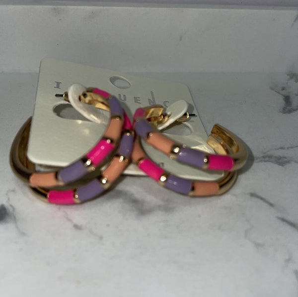 Golden Love Coral/Pink/Lavender Color Block Hoop Earrings