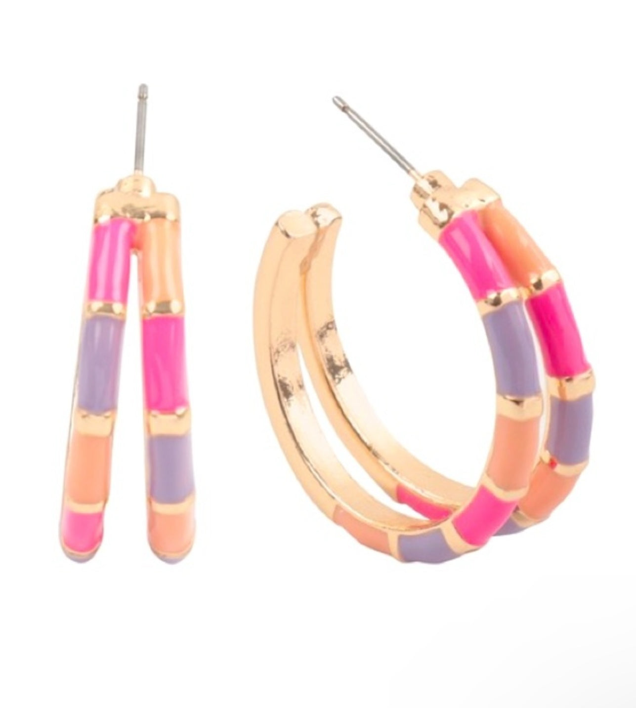 Golden Love Coral/Pink/Lavender Color Block Hoop Earrings