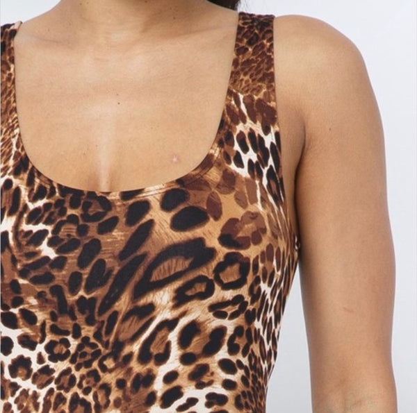 Unfazed Brown Leopard Animal Print Tank Top Sleeveless Midi Bodycon Dress